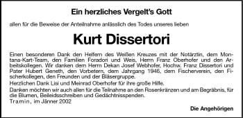 Traueranzeige von Kurt Dissertori von Dolomiten