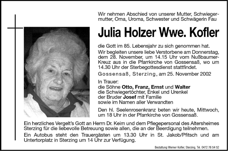  Traueranzeige für Julia Kofler vom 27.11.2002 aus Dolomiten