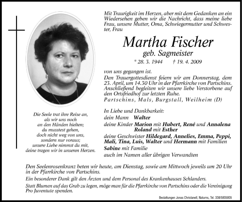  Traueranzeige für Martha Fischer vom 21.04.2009 aus Dolomiten