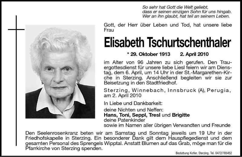  Traueranzeige für Elisabeth Tschurtschenthaler vom 03.04.2010 aus Dolomiten