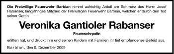 Traueranzeige von Veronika Gantioler Rabanser von Dolomiten