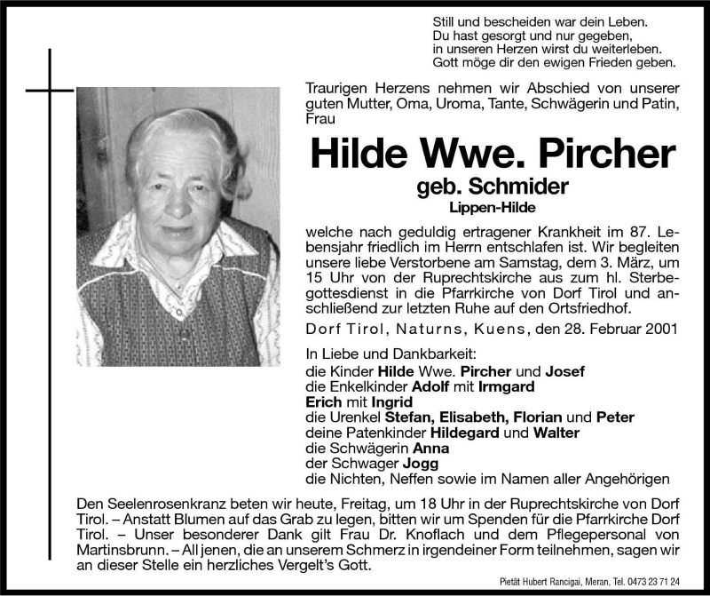  Traueranzeige für Hilde Pircher vom 02.03.2001 aus Dolomiten