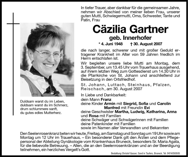  Traueranzeige für Cäzilia Gartner vom 31.08.2007 aus Dolomiten