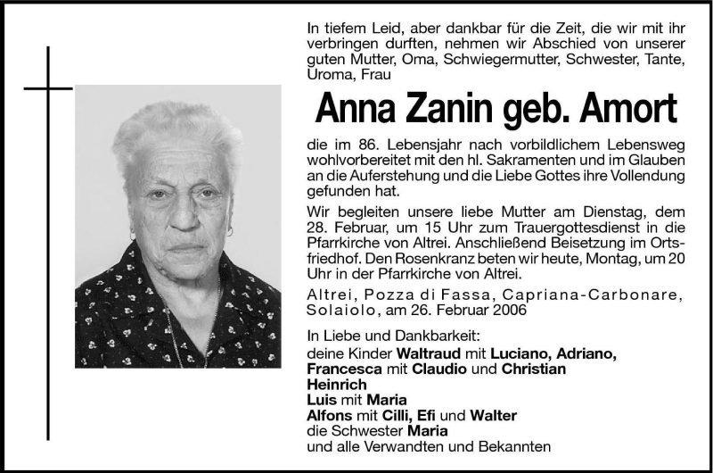  Traueranzeige für Anna Zanin vom 27.02.2006 aus Dolomiten