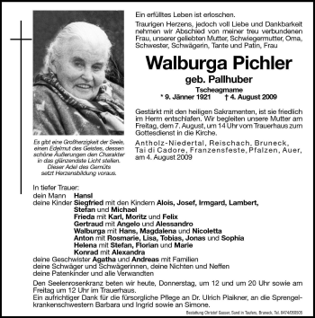 Traueranzeige von Walburga Pichler von Dolomiten