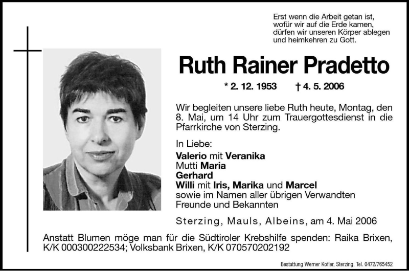  Traueranzeige für Ruth Rainer Pradetto vom 08.05.2006 aus Dolomiten