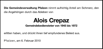 Traueranzeige von Alois Crepaz von Dolomiten