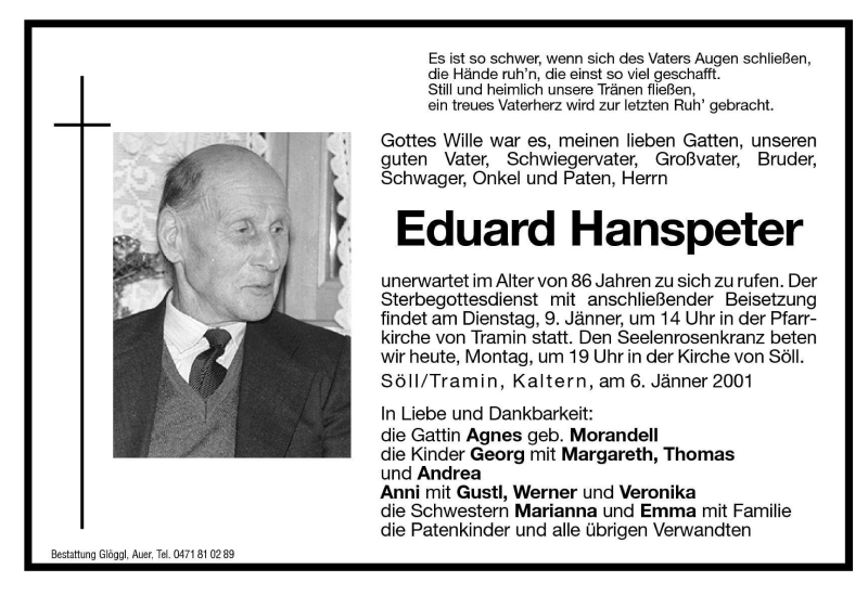  Traueranzeige für Eduard Hanspeter vom 08.01.2001 aus Dolomiten