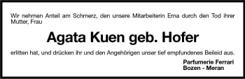 Traueranzeige von Agata Kuen von Dolomiten