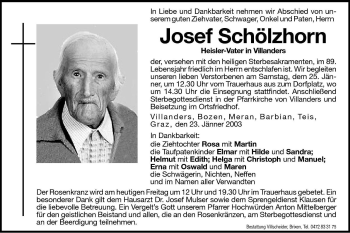 Traueranzeige von Josef Schölzhorn von Dolomiten