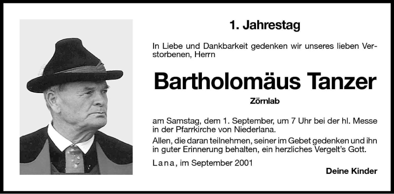  Traueranzeige für Bartholomäus Tanzer vom 31.08.2001 aus Dolomiten