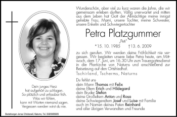 Traueranzeige von Petra Platzgummer von Dolomiten