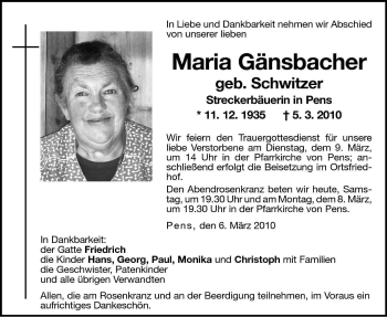 Traueranzeige von Maria Gänsbacher von Dolomiten