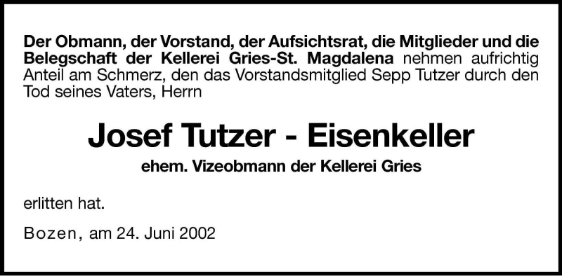  Traueranzeige für Josef Tutzer-Eisenkeller vom 25.06.2002 aus Dolomiten
