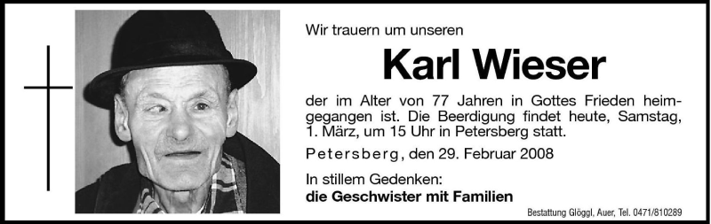  Traueranzeige für Karl Wieser vom 01.03.2008 aus Dolomiten
