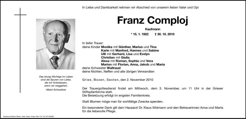  Traueranzeige für Franz Comploj vom 02.11.2010 aus Dolomiten