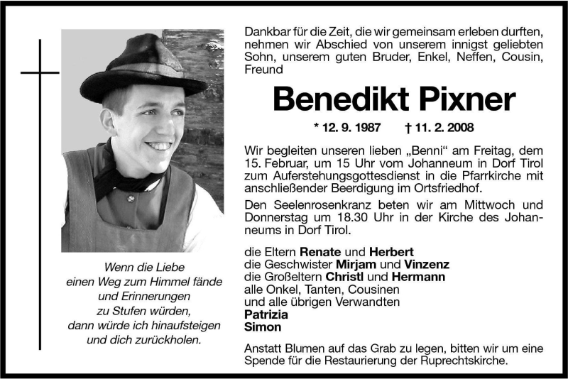  Traueranzeige für Benedikt Pixner vom 13.02.2008 aus Dolomiten