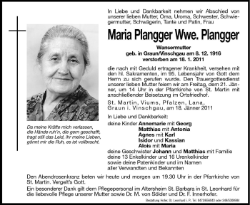 Traueranzeige von Maria Plangger von Dolomiten