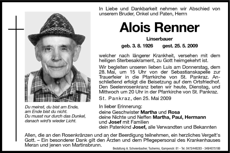  Traueranzeige für Alois Renner vom 26.05.2009 aus Dolomiten