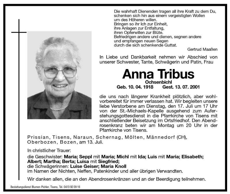  Traueranzeige für Anna Tribus vom 16.07.2001 aus Dolomiten