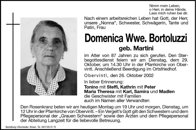  Traueranzeige für Domenica Bortoluzzi vom 28.10.2002 aus Dolomiten