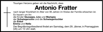 Traueranzeige von Antonio Fratter von Dolomiten