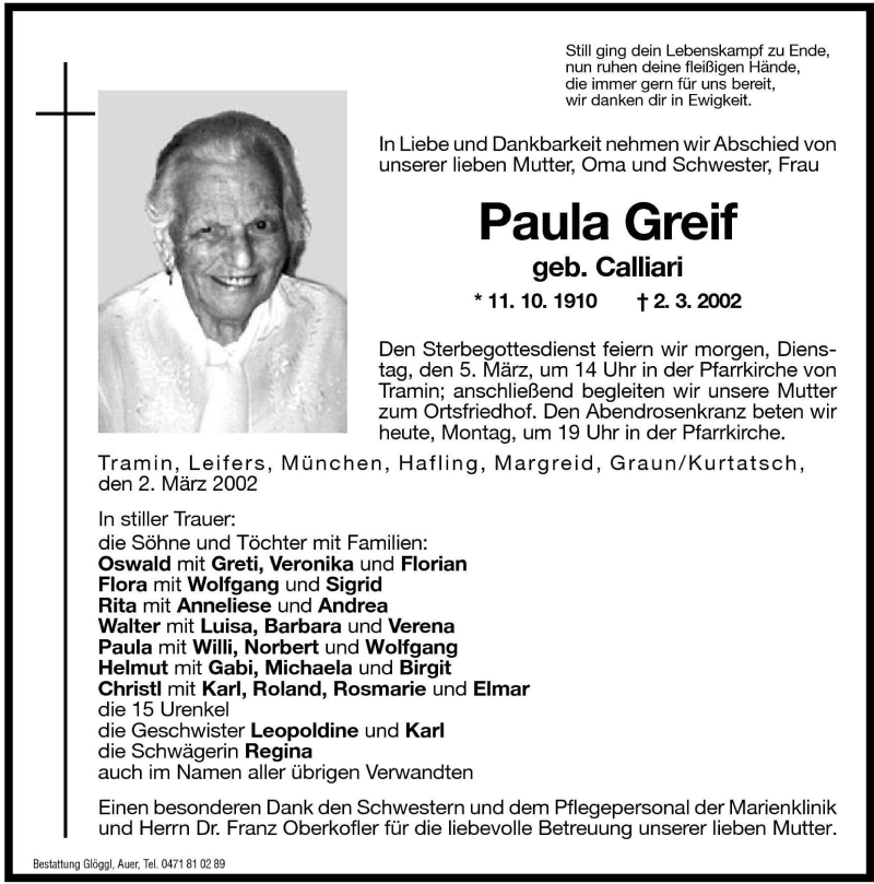  Traueranzeige für Paula Greif vom 04.03.2002 aus Dolomiten