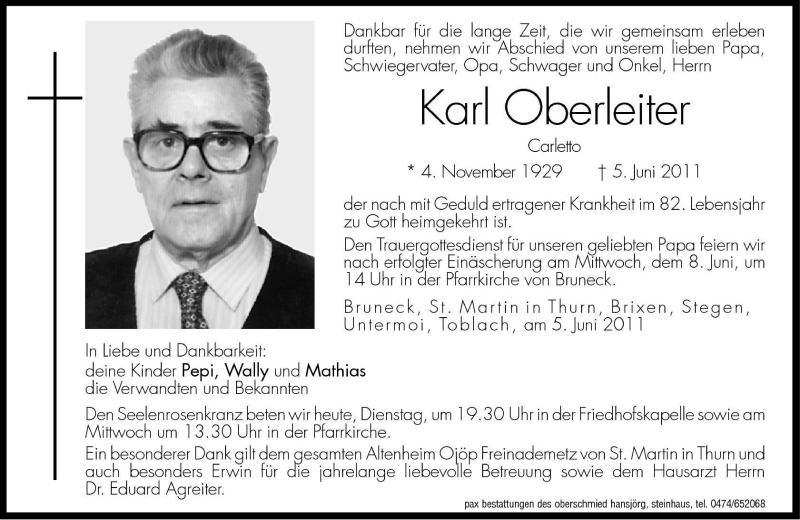  Traueranzeige für Karl Oberleiter vom 07.06.2011 aus Dolomiten