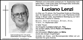 Traueranzeige von Luciano Lenzi von Dolomiten