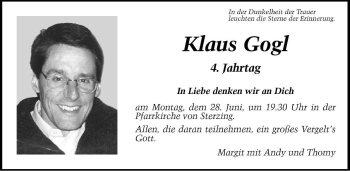 Traueranzeige von Klaus Gogl von Dolomiten