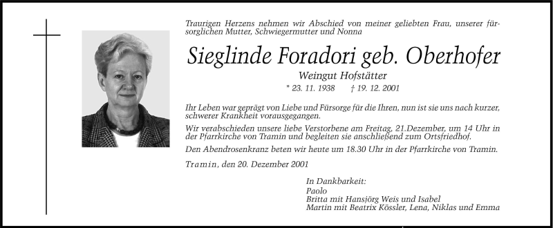  Traueranzeige für Sieglinde Foradori vom 20.12.2001 aus Dolomiten