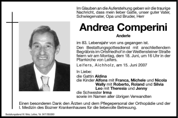 Traueranzeige von Andrea Comperini von Dolomiten