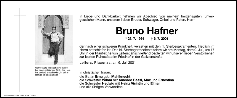  Traueranzeige für Bruno Hafner vom 07.07.2001 aus Dolomiten