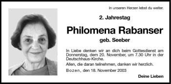 Traueranzeige von Philomena Rabanser von Dolomiten