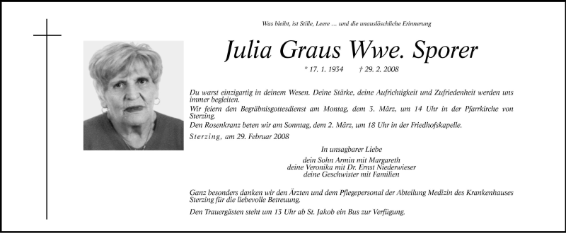  Traueranzeige für Julia Sporer vom 01.03.2008 aus Dolomiten