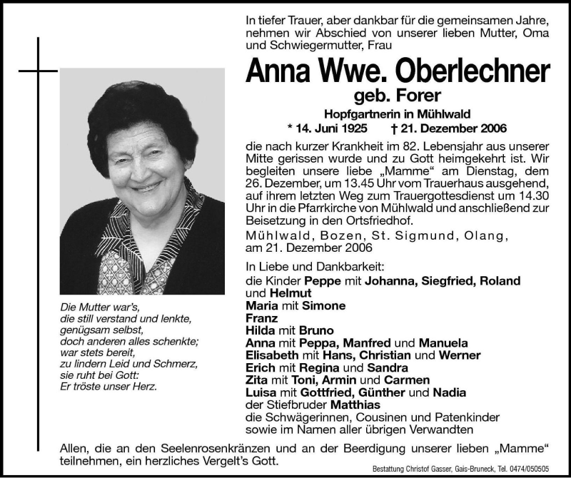  Traueranzeige für Anna Oberlechner vom 23.12.2006 aus Dolomiten