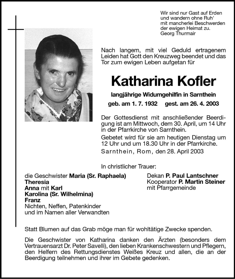  Traueranzeige für Katharina Kofler vom 29.04.2003 aus Dolomiten