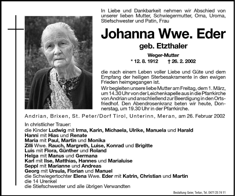  Traueranzeige für Johanna Eder vom 28.02.2002 aus Dolomiten
