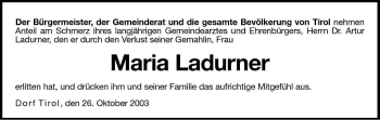 Traueranzeige von Maria Beikircher von Dolomiten