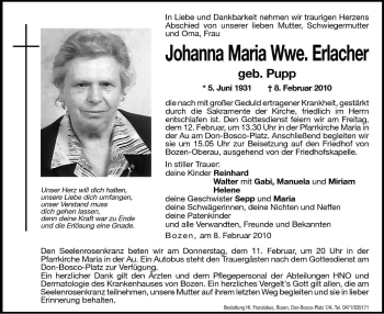 Traueranzeige von Johanna Maria Erlacher von Dolomiten