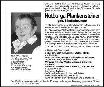 Traueranzeige von Notburga Plankensteiner von Dolomiten