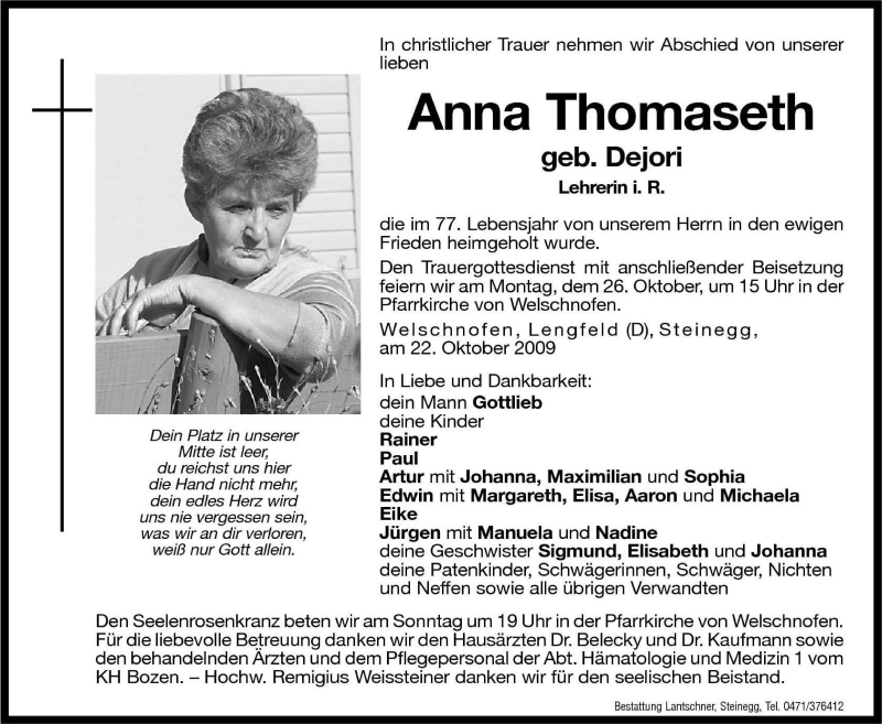  Traueranzeige für Anna Thomaseth vom 24.10.2009 aus Dolomiten