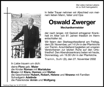 Traueranzeige von Oswald Zwerger von Dolomiten