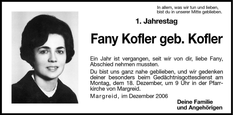  Traueranzeige für Fany Kofler vom 16.12.2006 aus Dolomiten