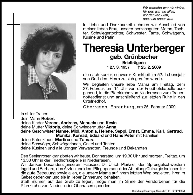  Traueranzeige für Theresia Unterberger vom 26.02.2009 aus Dolomiten