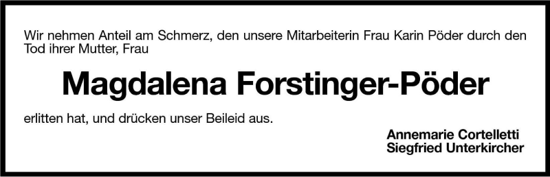  Traueranzeige für Magdalena Forstinger vom 19.10.2001 aus Dolomiten