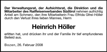 Traueranzeige von Heinrich Höller von Dolomiten