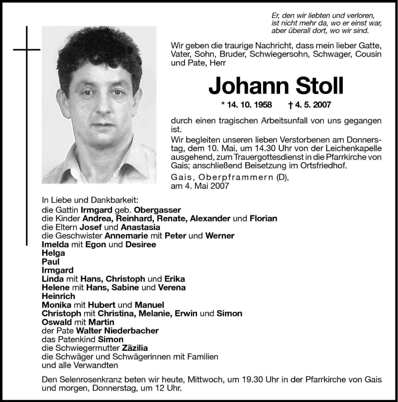 Traueranzeige für Johann Stoll vom 09.05.2007 aus Dolomiten