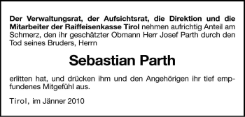 Traueranzeige von Sebastian Parth von Dolomiten