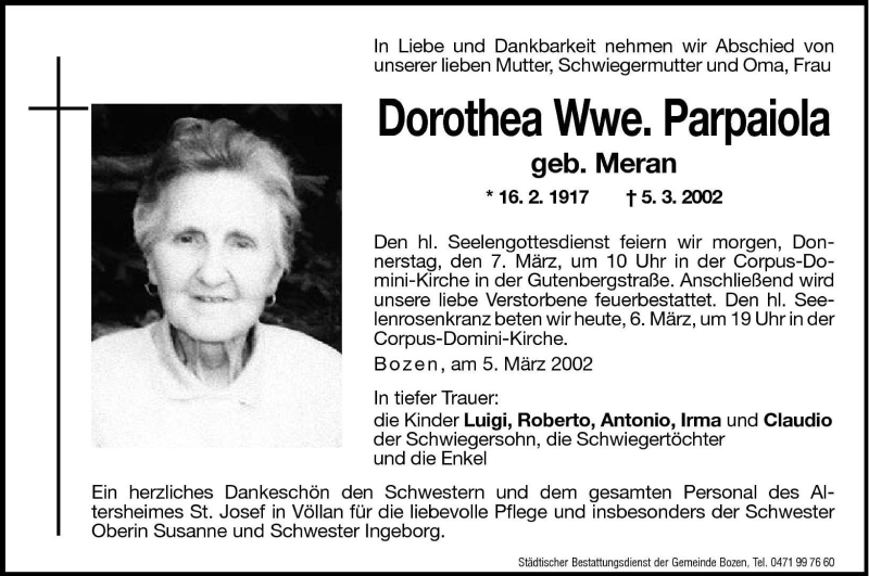  Traueranzeige für Dorothea Parpaiola vom 06.03.2002 aus Dolomiten